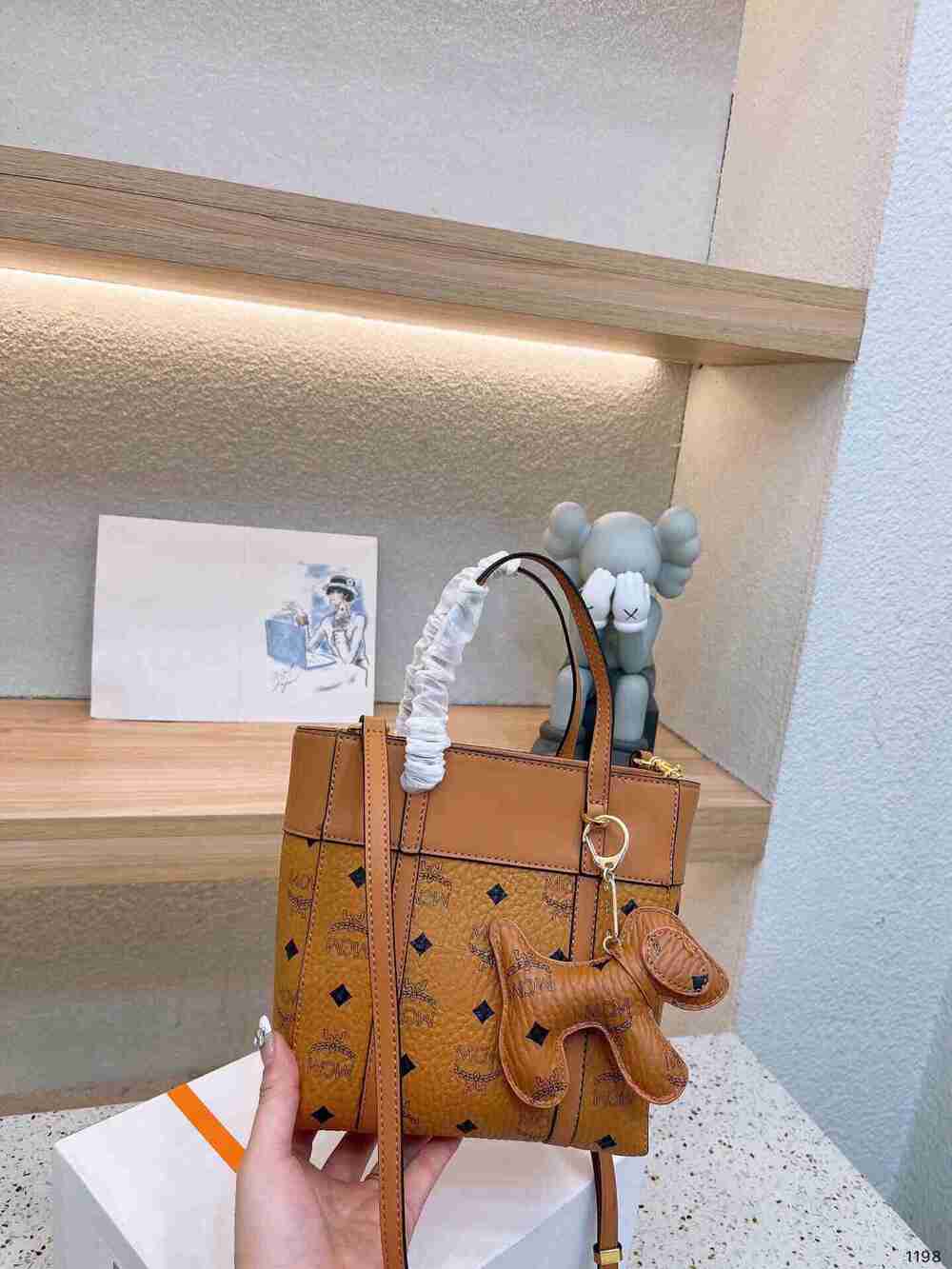 MCM Classic Visetos Mini Tote Shoulder Bag with Dog Pendant Charm